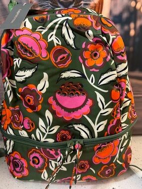 Vera Bradley Green Floral Backpack with Pink and Orange Blooms